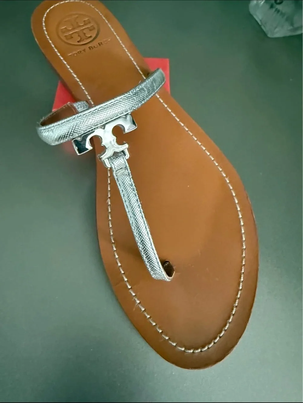 Tory Burch Metallic Silver Miller T-Strap Sandals with Tan Footbed